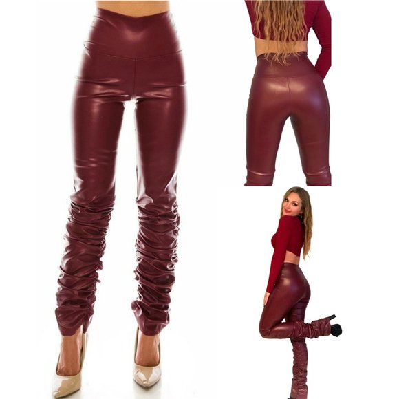 Faux Leather High Waist stretch Pants Legging with ruched leg S,M,L,Burgundy - Picture 1 of 5